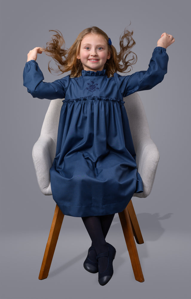 MADAME TI BLUE RUFFLE TRIM HIGH WAISTED DRESS