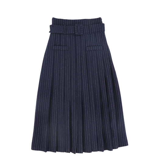 VALENTINA NAVY PINSTRIPED BUCKLE PLEATED MIDI SKIRT