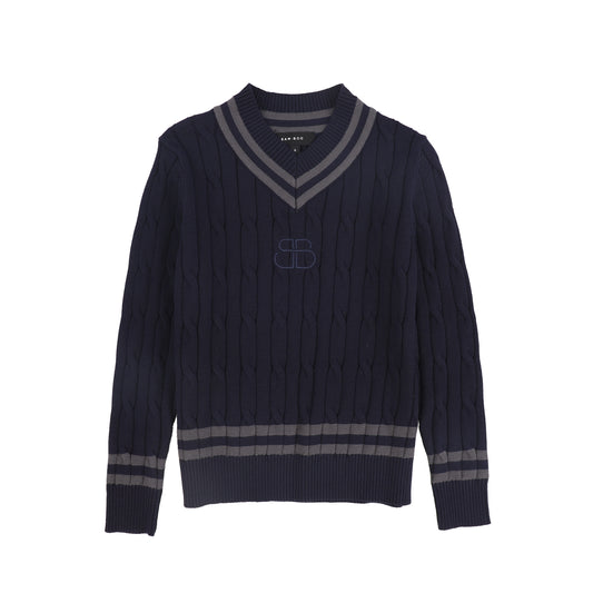 BAMBOO NAVY CABLE KNIT STRIPE TRIM SWEATER