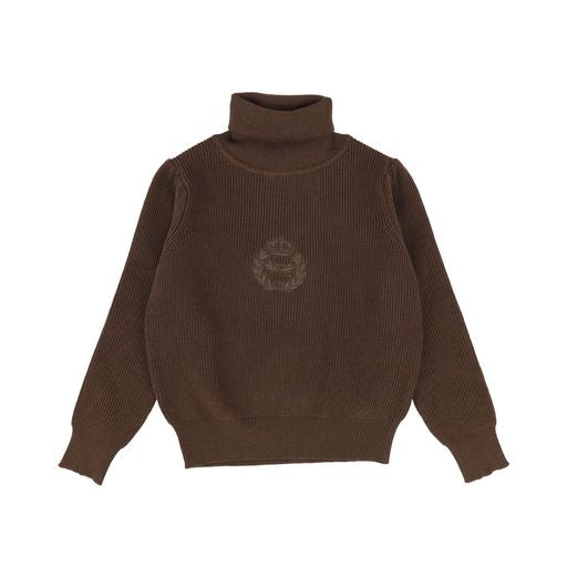 LILOU BROWN PUFF SHOULDER TURTLENECK SWEATER