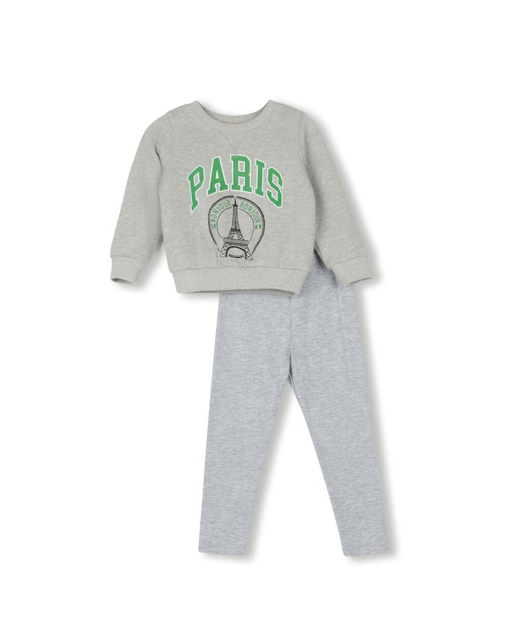 PHIL AND PHOEBE GREY/GREEN PARIS STRIPED TRIM SWEATSHIRT SET