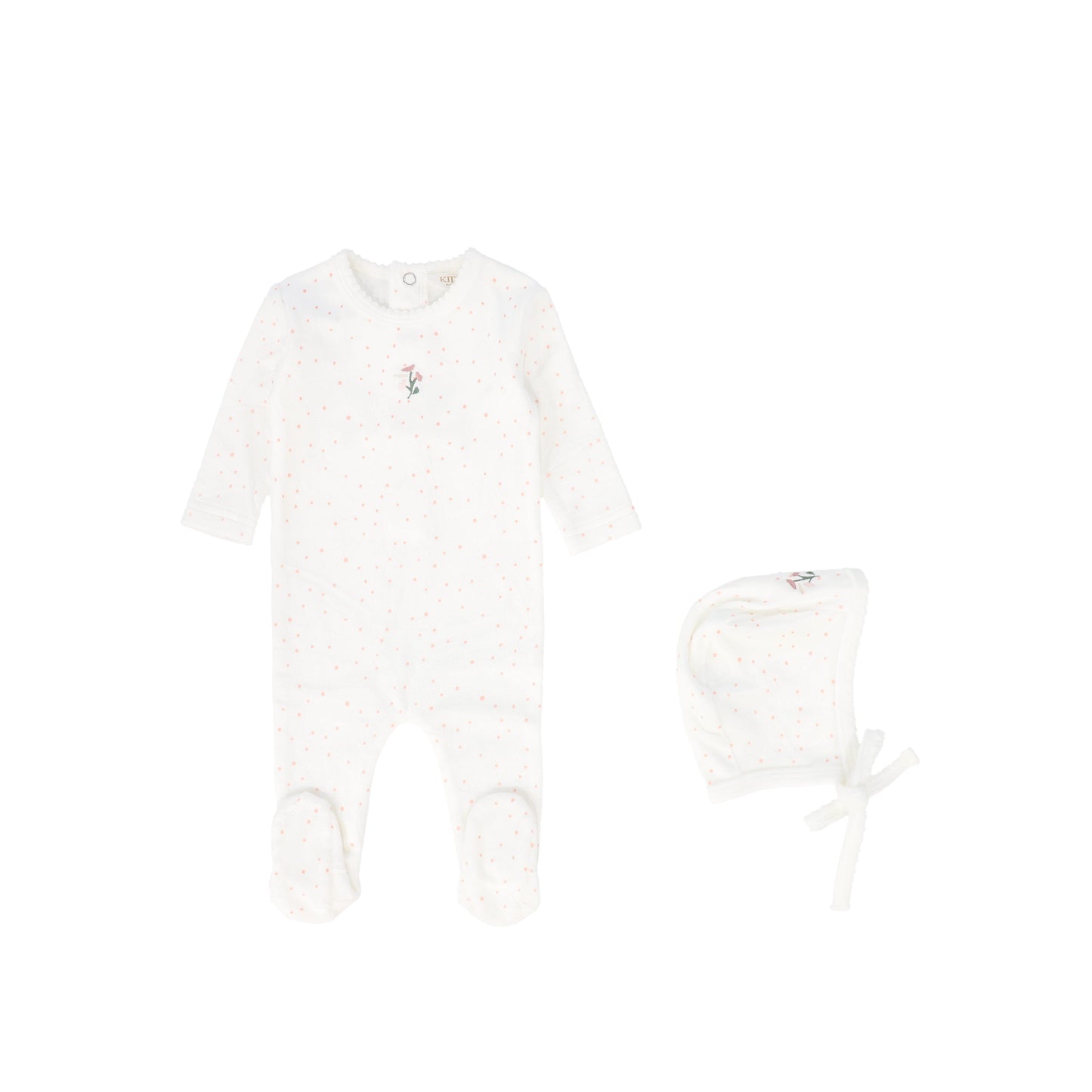 KIPP PINK DOTTED FLOWER PATCH FOOTIE + BONNET