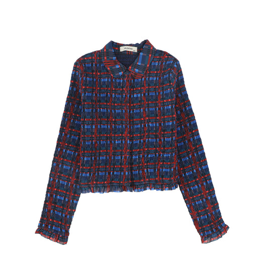 VALENTINA NAVY/BURGUNDY PLAID SMOCKED BLOUSE