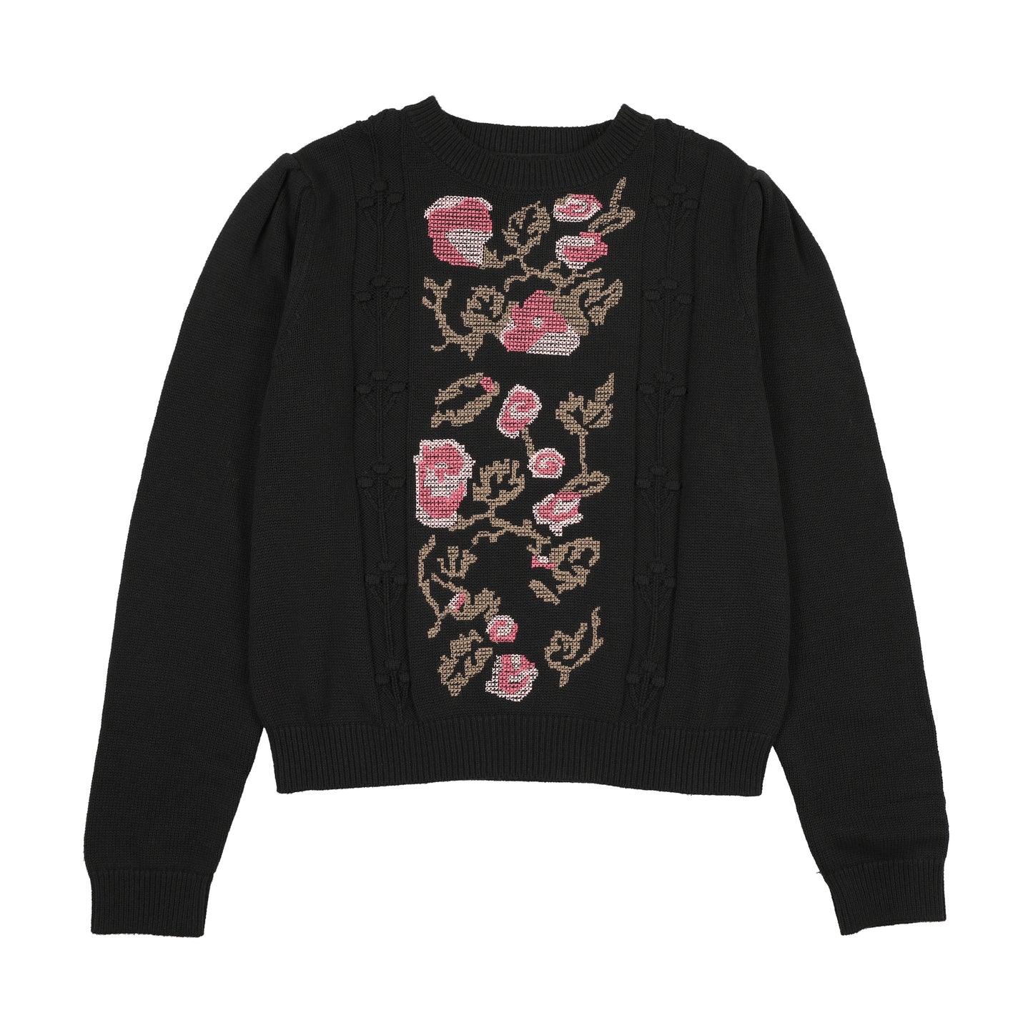 PRAIRIE BLACK EMBROIDERED FLORAL PATCH SWEATER