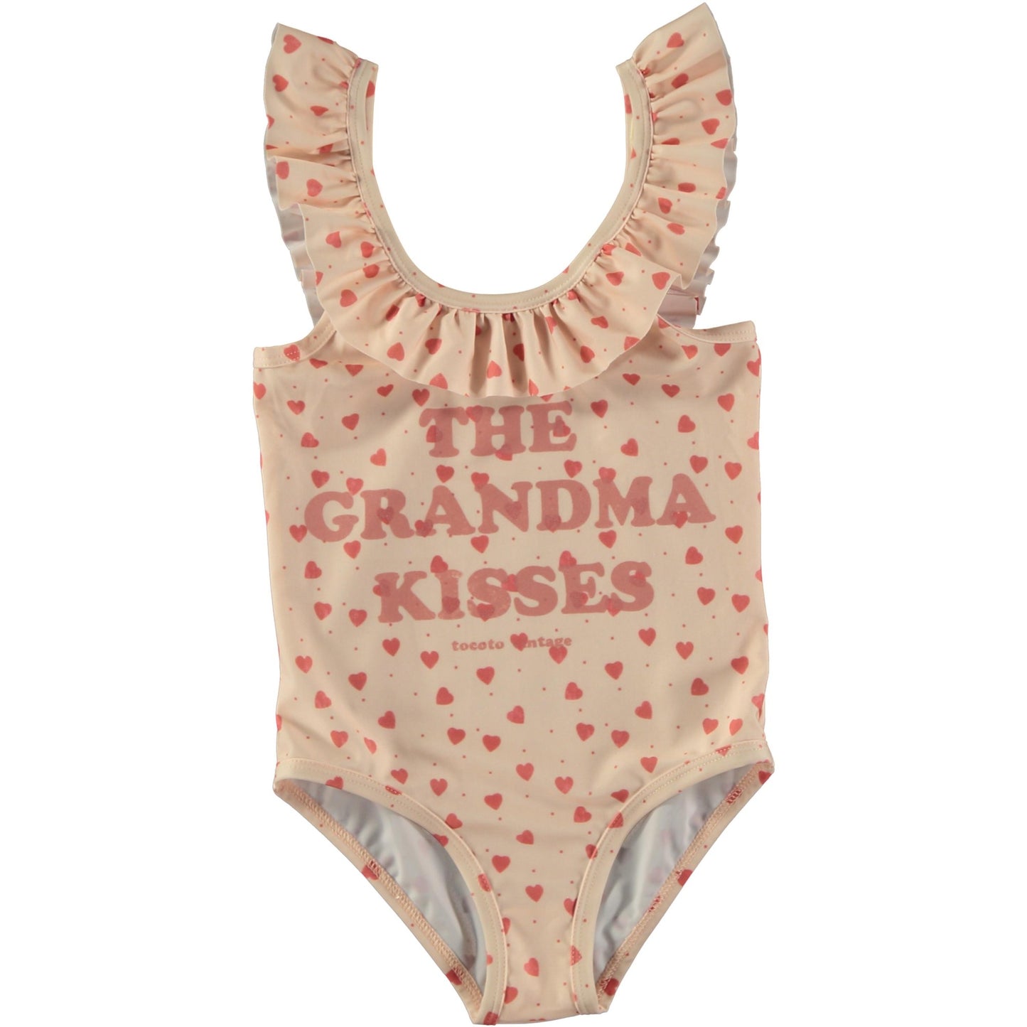 TOCOTO VINTAGE PINK HEART PRINT RUFFLE SWIMSUIT [FINAL SALE]