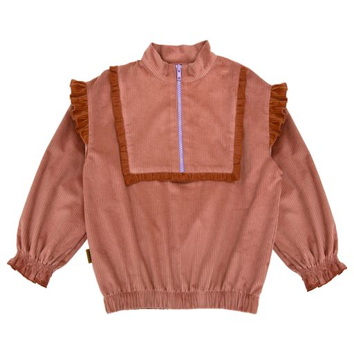 HEBE PINK CORDUROY RUFFLE TRIM ZIPPER TOP