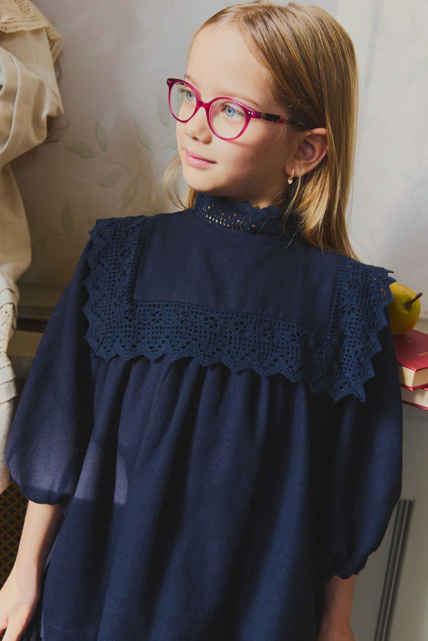 PERNILLE NAVY LACE TRIM BIB COLLAR DRESS