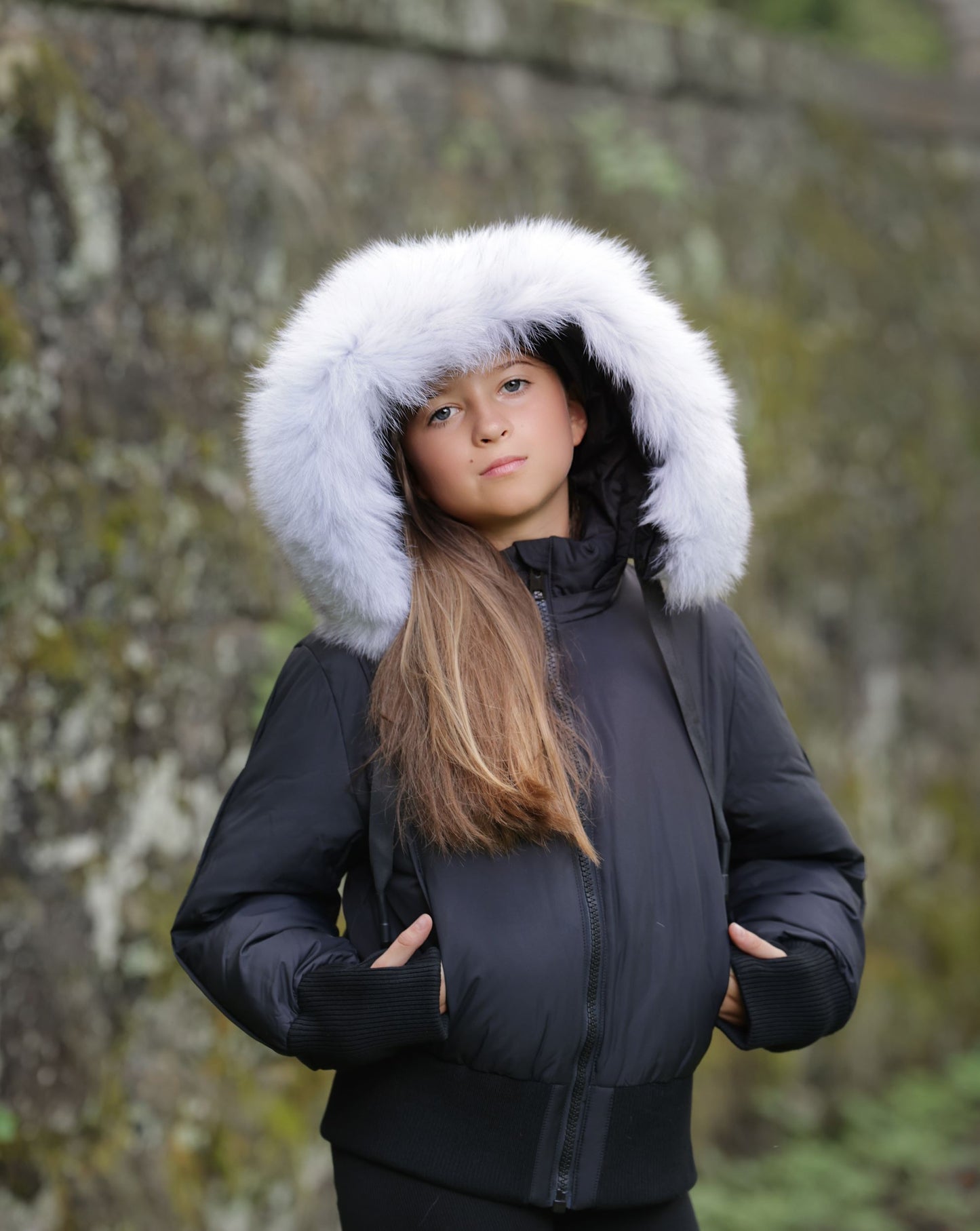 PRAMIE BLACK/WHITE FUR RIBBON TRIM BOMBER COAT