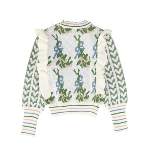 LILOU MULTI COLOR DESIGN RUFFLE TRIM SWEATER