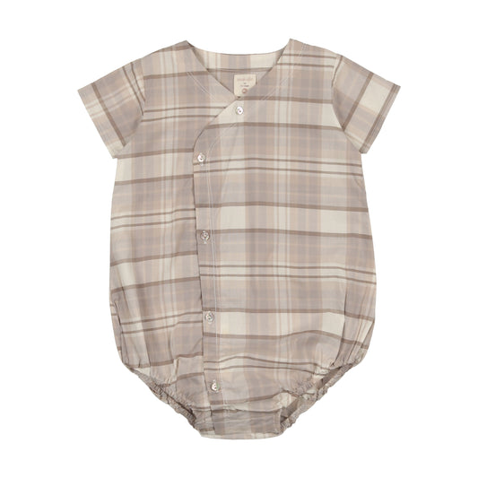 ANALOGIE TAUPE PLAID SIDE BUTTON ROMPER [FINAL SALE]