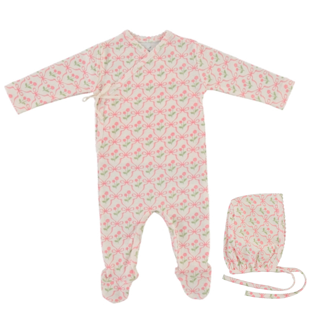 BEBE ORGANIC PINK BLOSSOM WRAP FOOTIE + BONNET
