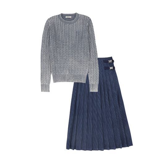 VALENTINA NAVY MINERAL WASH CABLE KNIT SWEATER SET