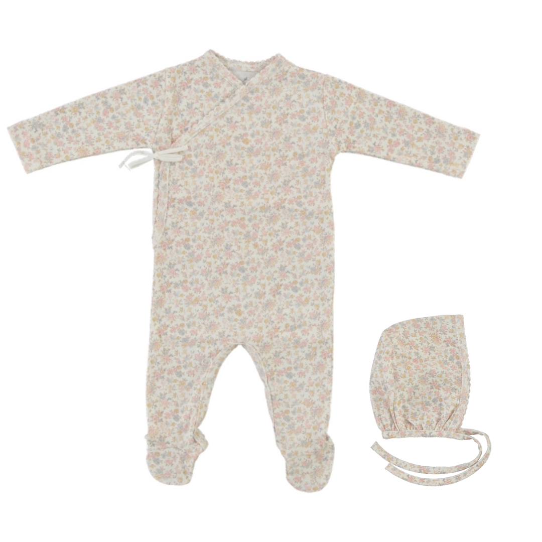 BEBE ORGANIC PINK FLORAL WRAP FOOTIE + BONNET