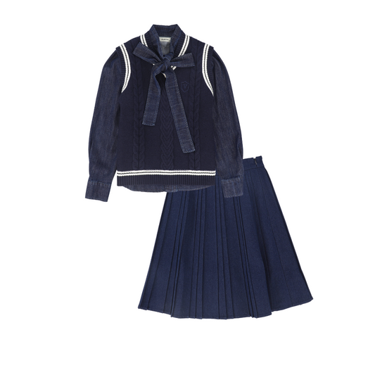 VALENTINA MID BLUE DENIM TIE NECK VEST SET