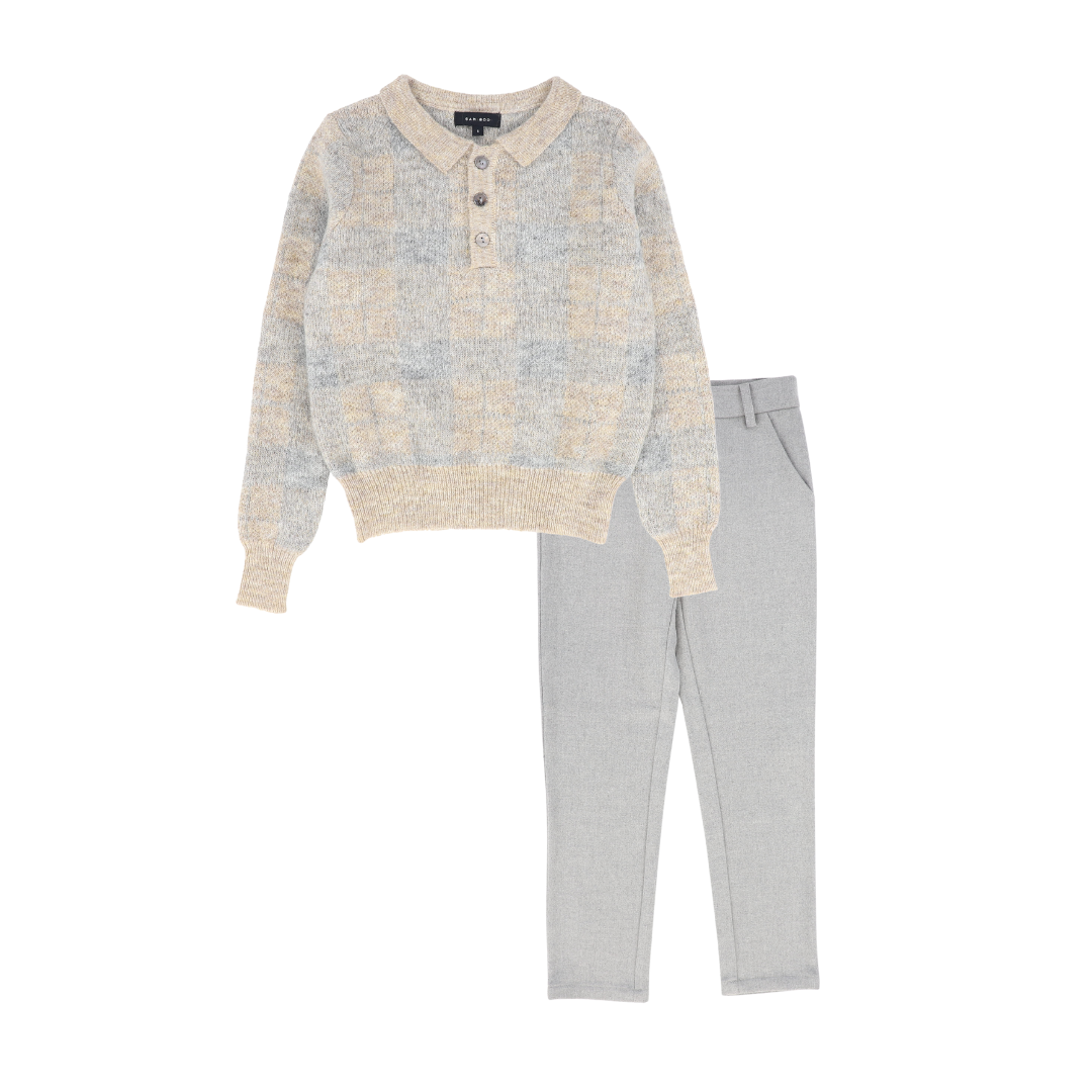 BAMBOO LIGHT GREY PLAID KNIT COLLAR SWEATER SET