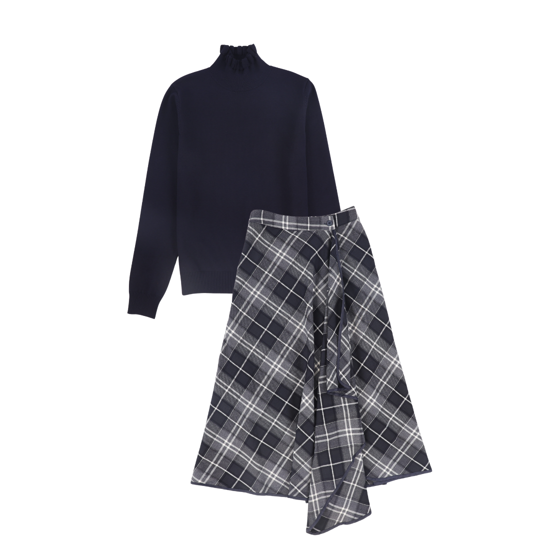 BAMBOO NAVY PLAID WRAP RUFFLE MAXI SKIRT SET