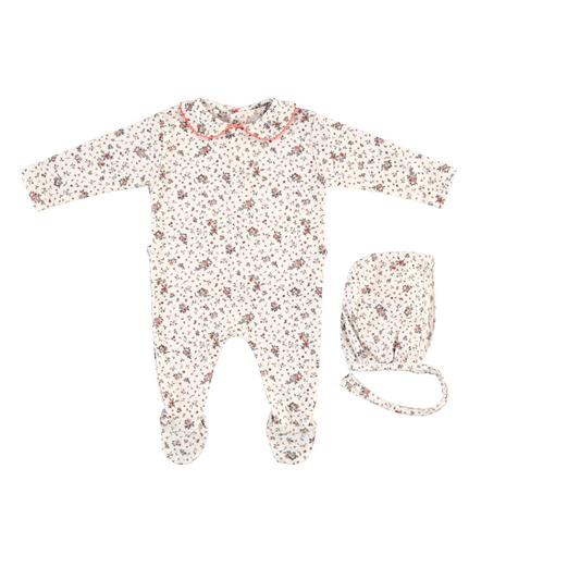 BEBE ORGANIC WHITE FLORAL BUNCH COLLAR FOOTIE SET