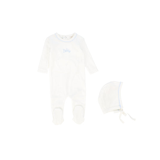 KIPP WHITE/BLUE BEBE FOOTIE + BONNET