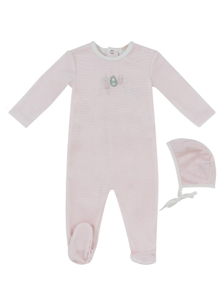 KIPP PALE PINK STRIPED BUNNY PRINT FOOTIE + BONNET