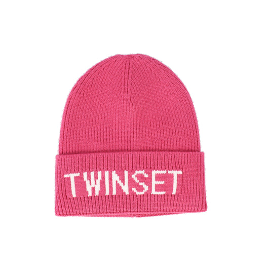 TWINSET HOT PINK LOGO RIBBED KNIT BEANIE