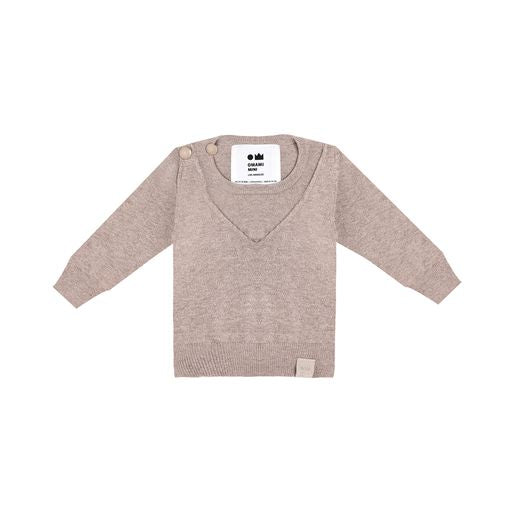 OMAMIMINI TAUPE KNIT V DETAIL TOP