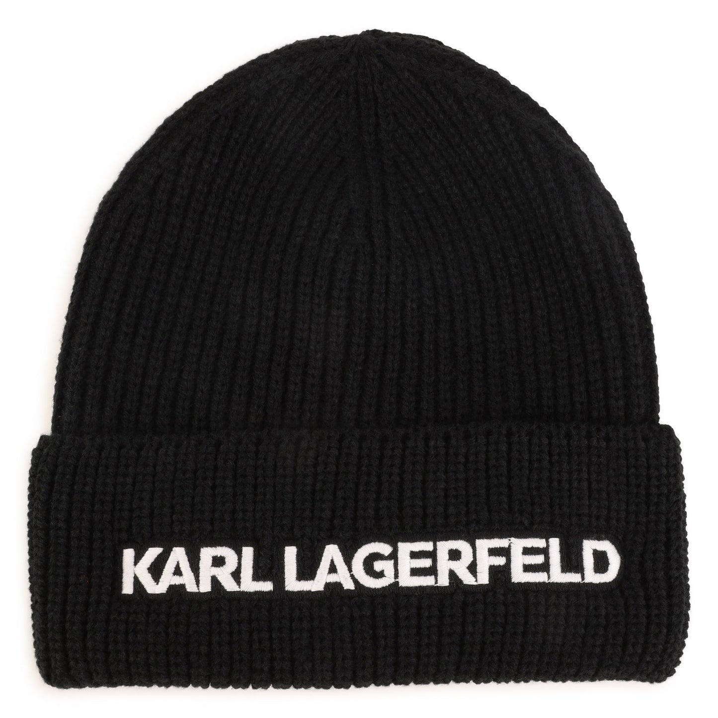 KARL LAGERFELD BLACK RIBBED LOGO BEANIE