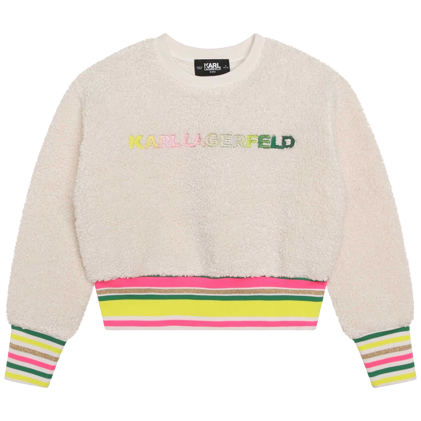 KARL LAGERFELD OFF WHITE SHERPA STRIPED WAIST SWEATSHIRT