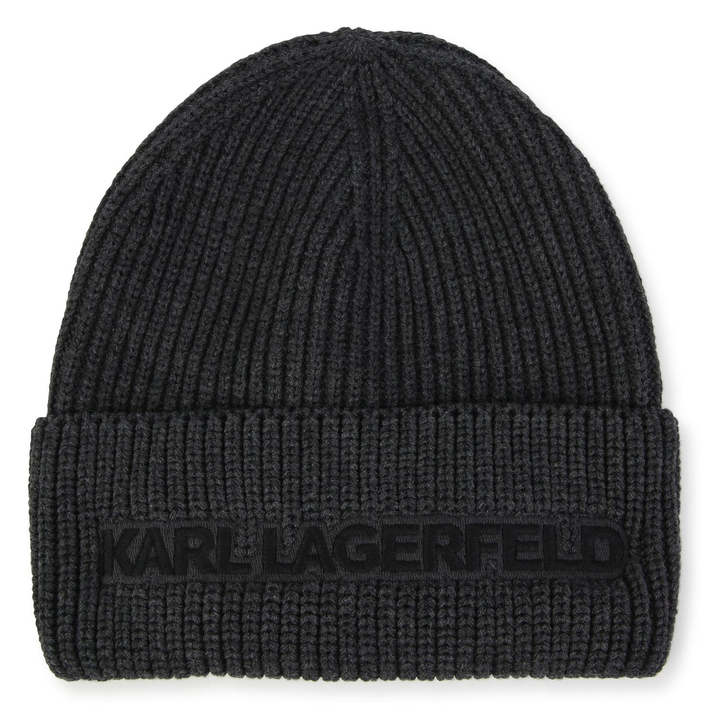KARL LAGERFELD GREY RIBBED LOGO BEANIE
