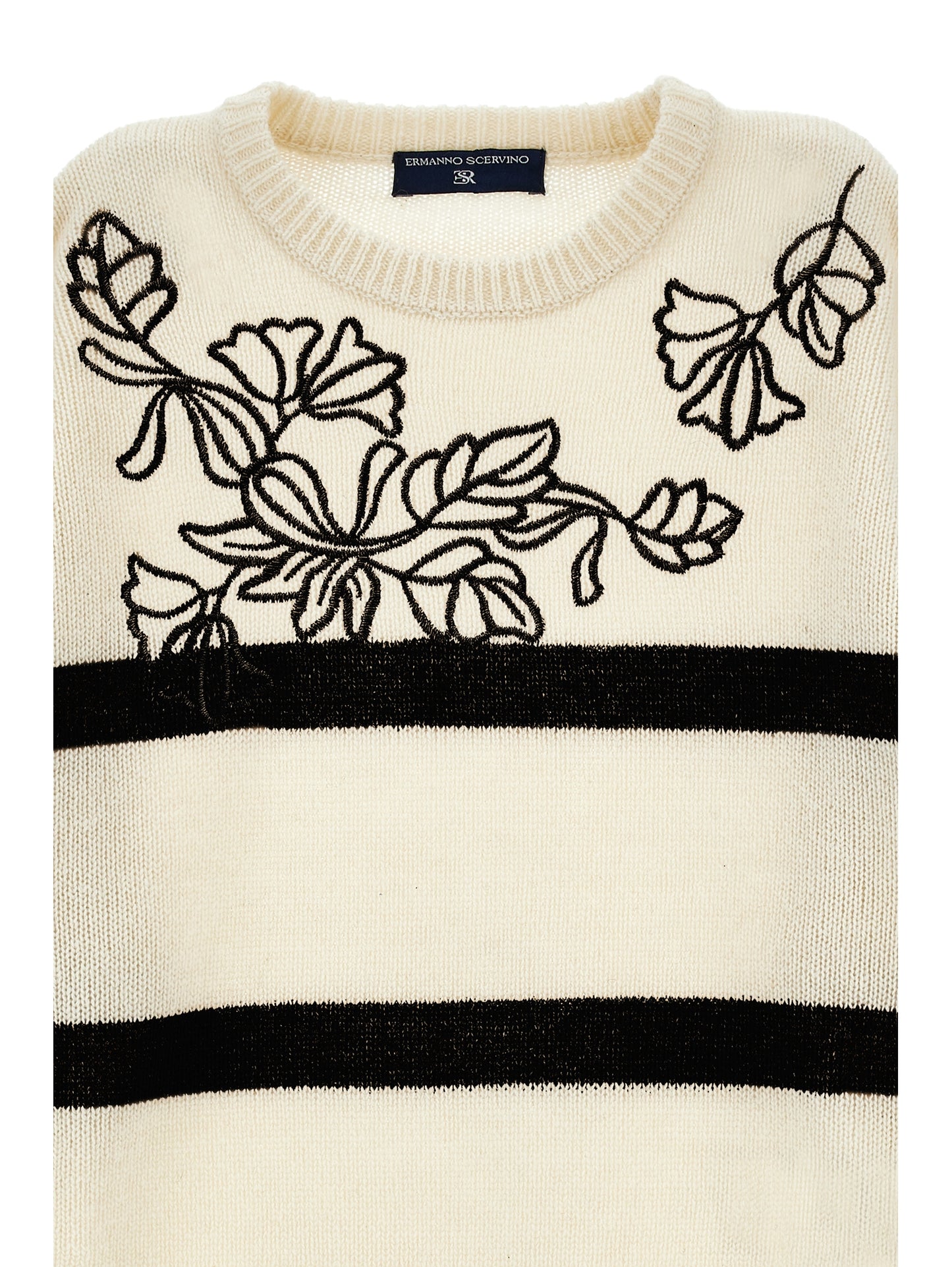 ERMANO SCERVINO WHITE/BLACK STRIPE FLOWER KNIT SWEATER
