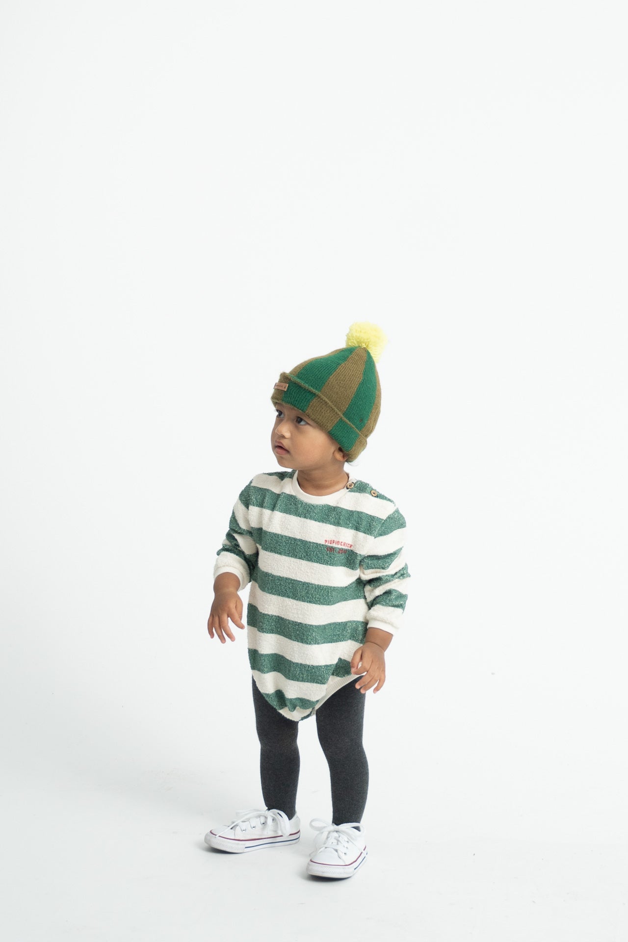 PIUPIUCHICK ECRU/GREEN STRIPED ROMPER