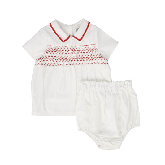 BACE COLLECTION WHITE SMOCKED COLLAR BLOOMER SET