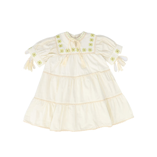 PAPILLON OATMEAL EMBROIDERED TRIM TIERED TASSEL DRESS [FINAL SALE]