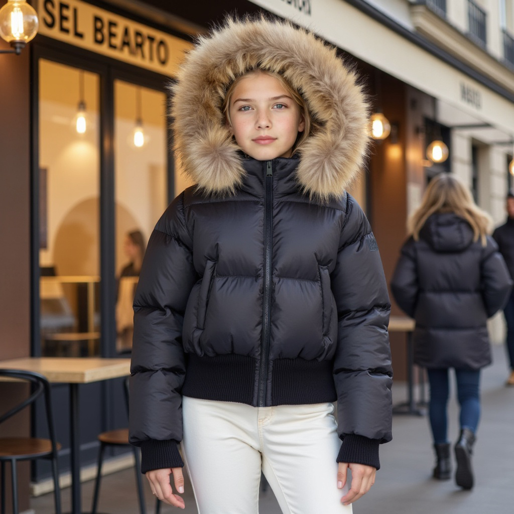 SCOTCH BONNET BLACK/NATURAL FUR TRIM BOMBER COAT