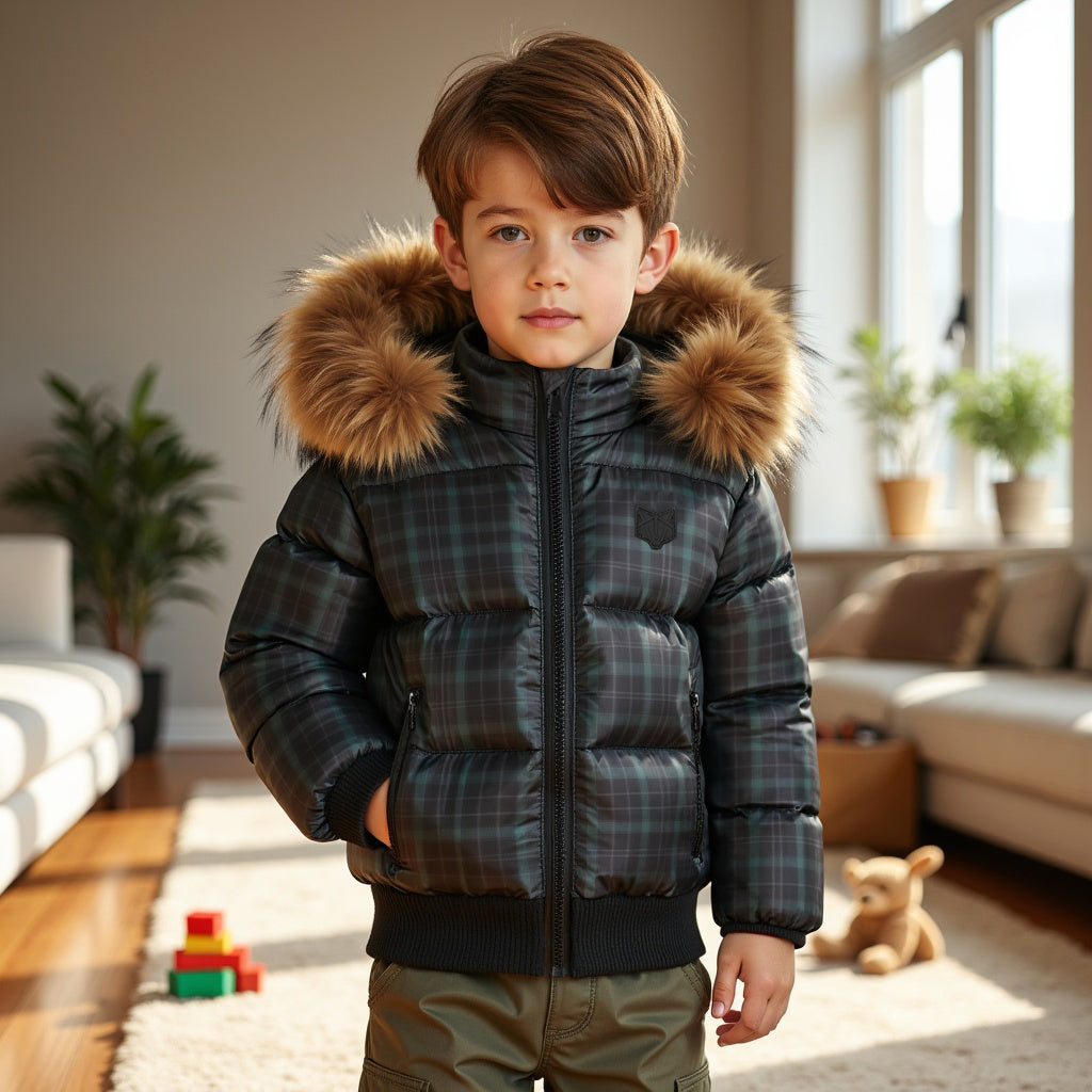 SCOTCH BONNET BLACK/GREEN PLAID FUR TRIM COAT