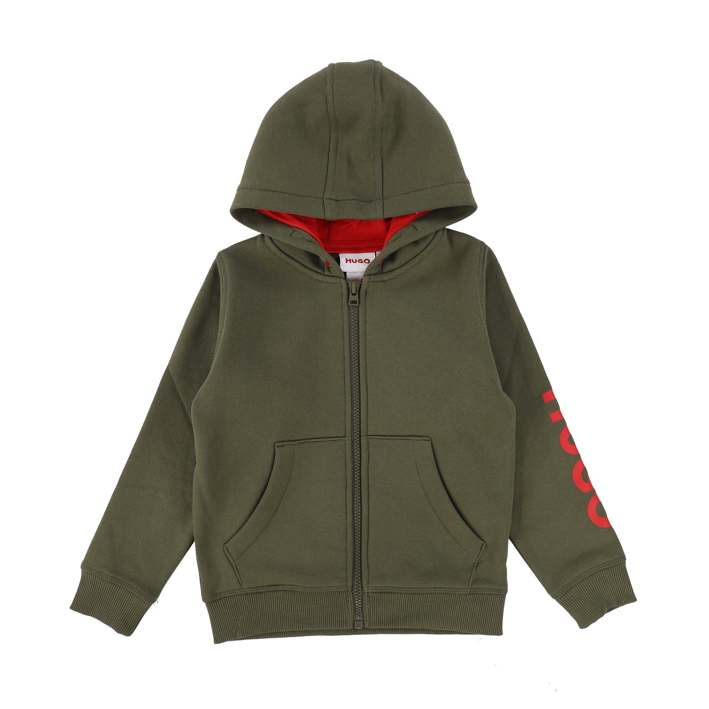HUGO KHAKI ZIP UP LOGO HOODIE