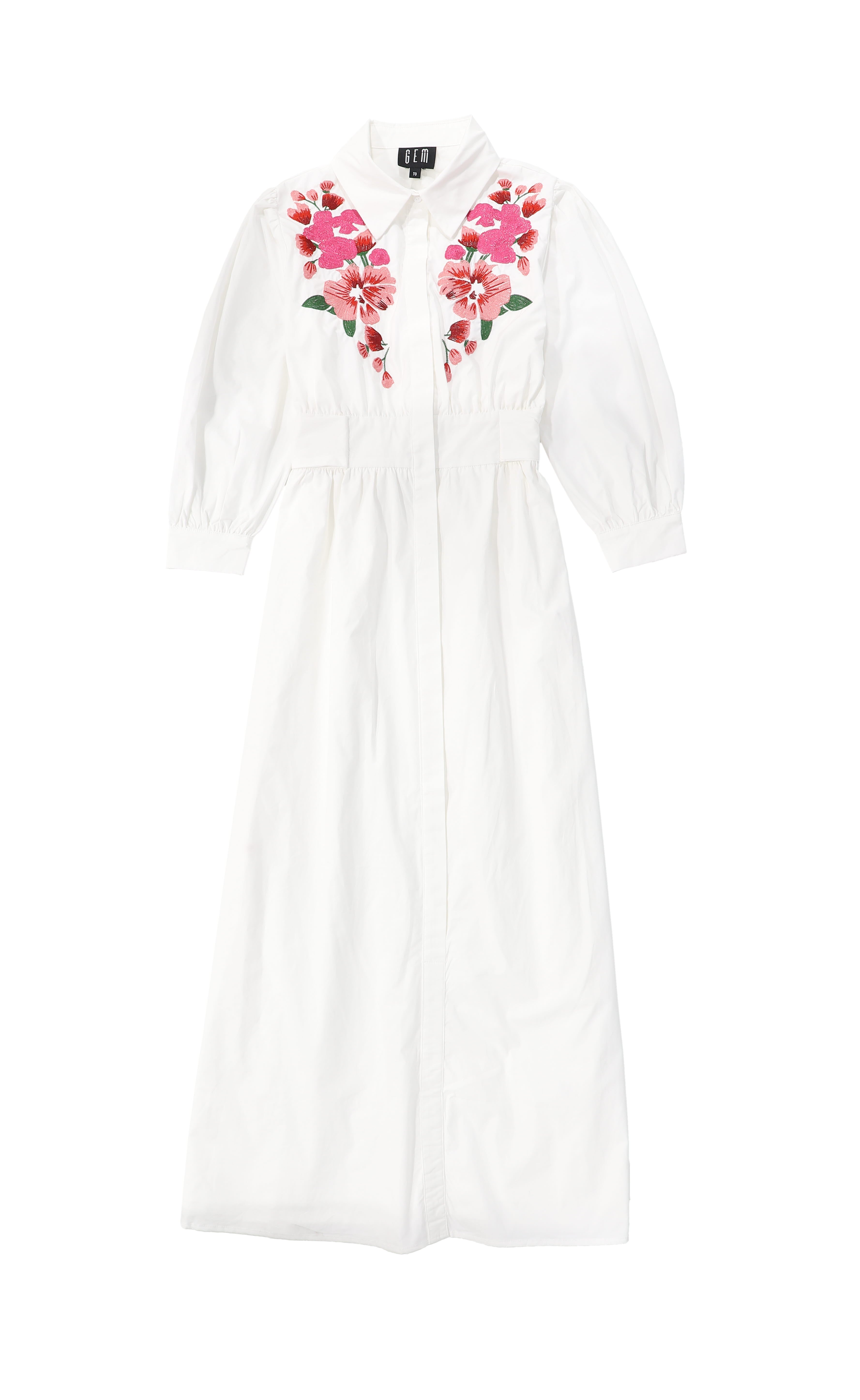 white dress embroidered flowers Marbella Floral Overlay Scoop Neck Mini White dress Lined Puff sleeves Surplice neckline Embroidery and ruffle trim detail Cut White/pink Embroidered Flower Shirt Dress