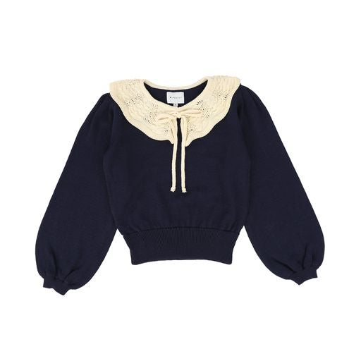 MIPOUNET NAVY CREAM SCALLOP RUFFLE SWEATER