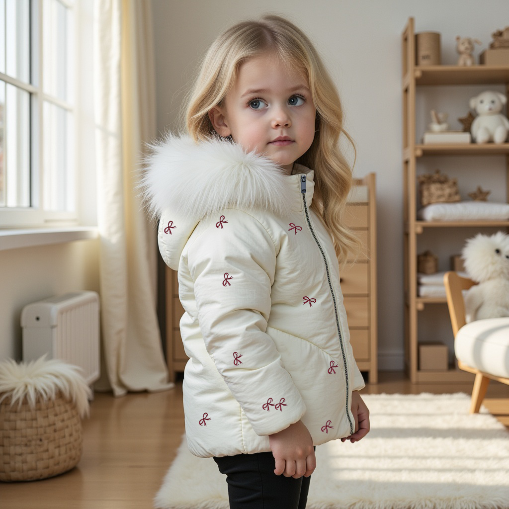 SCOTCH BONNET IVORY/PINK SCATTERED BOW FUR TRIM PUFFER COAT