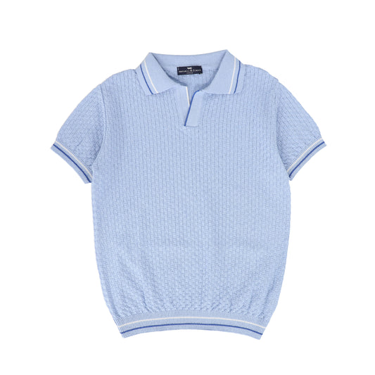 MANUELL & FRANK BLUE WOVEN KNIT POLO SWEATER