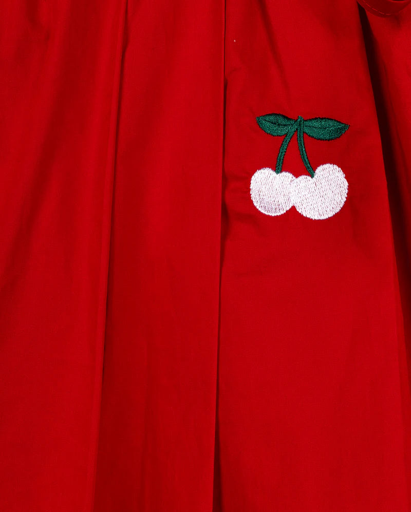 ONE CHILD RED EMBROIDERED CHERRY PLEAT SKIRT