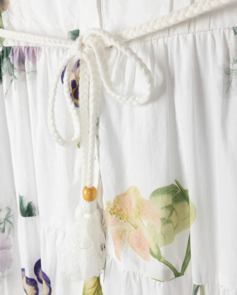 MINIMAL WHITE GARDEN FLORAL TIERED DRESS