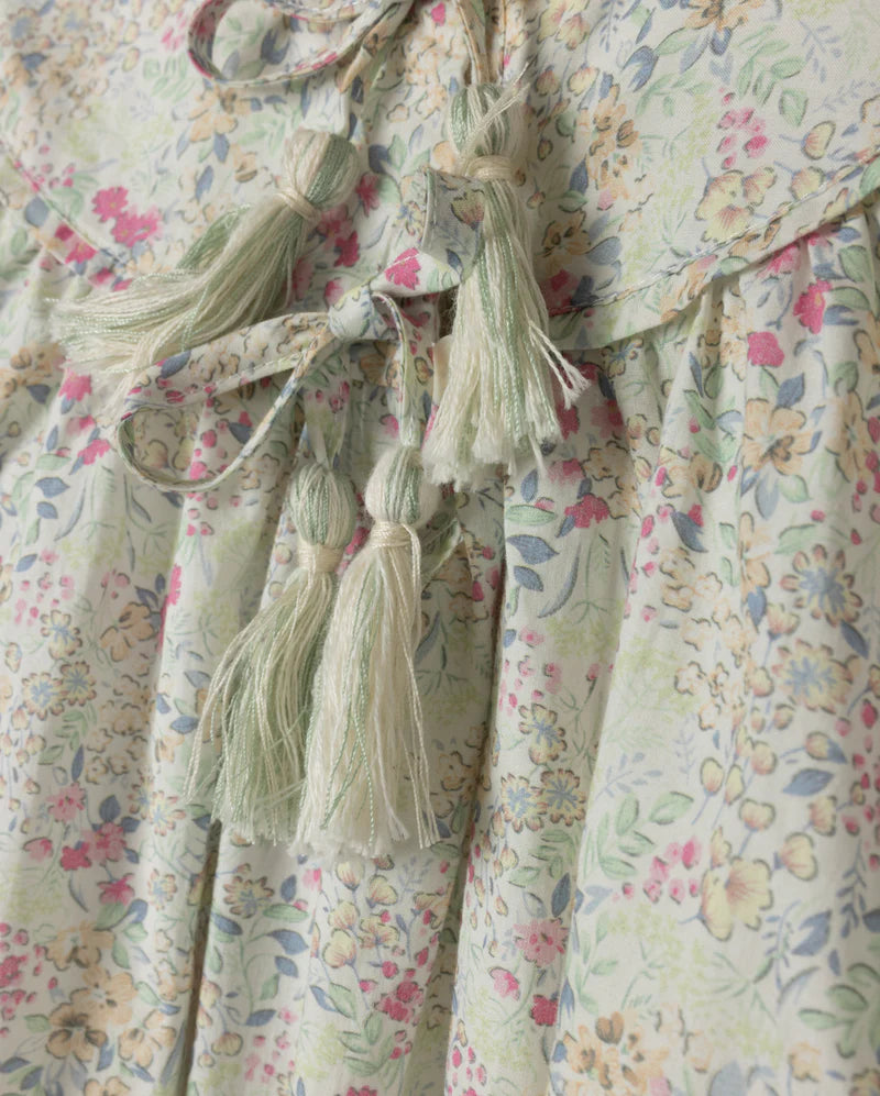 ONE CHILD MINT/PINK FLORAL RUFFLE NECK DRESS