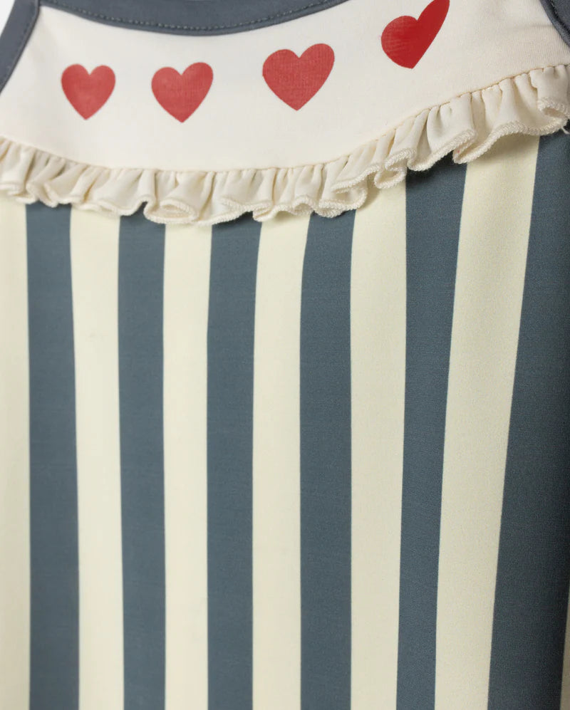 CABANA GREY WIDE STRIPE HEART TRIM SWIMSUIT
