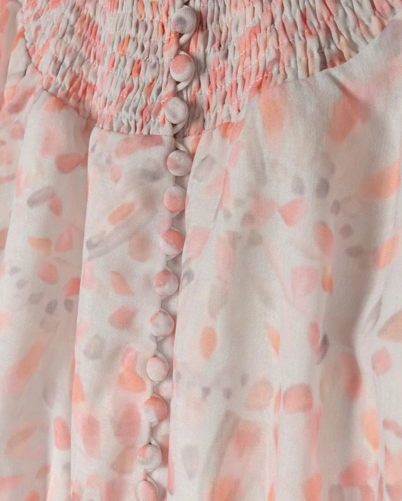 MINIMAL PINK FLORAL SMOCKED BUTTON MAXI DRESS