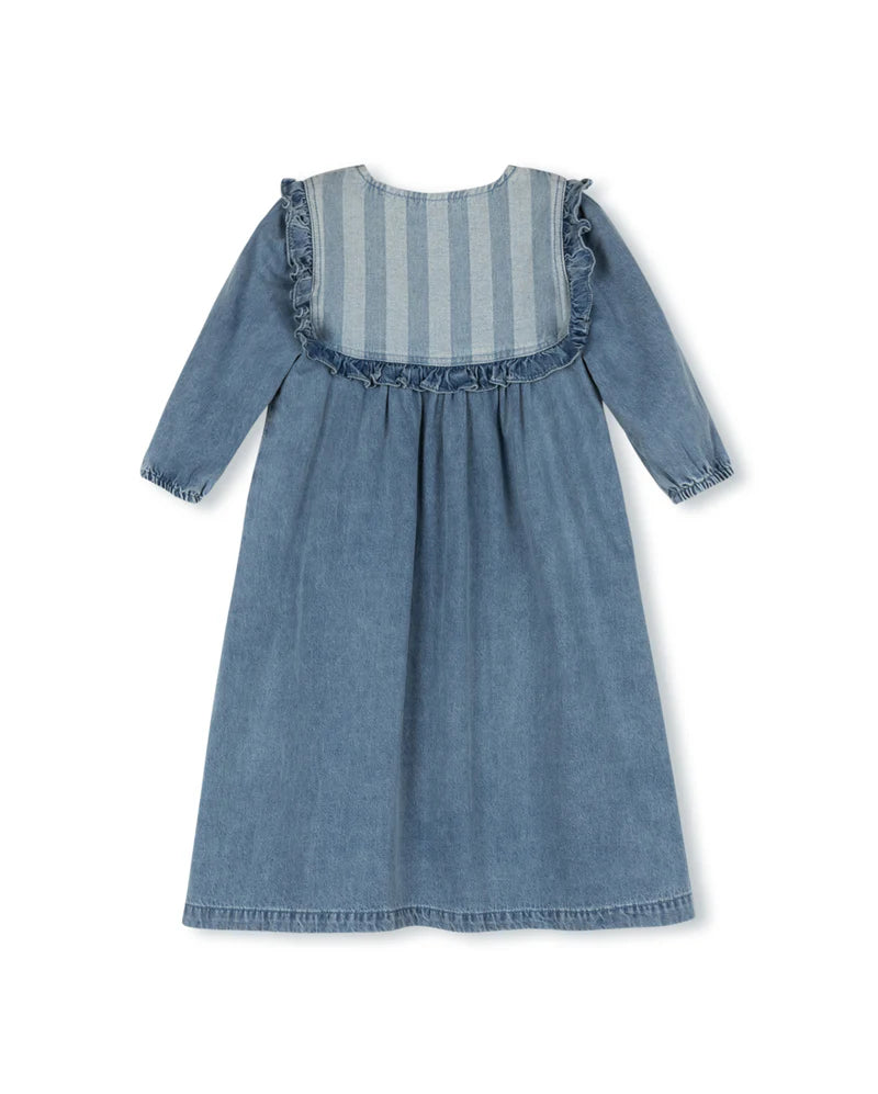 Zora Wide Striped Denim Bib Dress Denim / 6 Zora Wide Striped Denim Bib Dress Denim / 6
