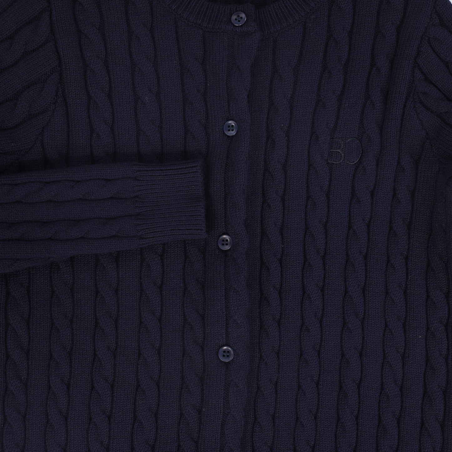 BACE COLLECTION NAVY CABLE KNIT LOGO CARDIGAN
