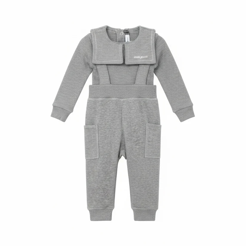 LITTLE PARNI GREY VELOUR SUSPENDER OVERALL SET