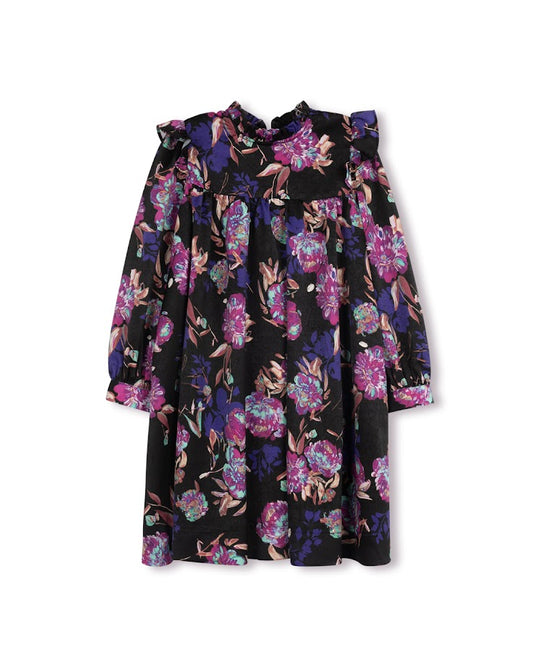 LILOU PURPLE FLORAL RUFFLE SHOULDER DRESS