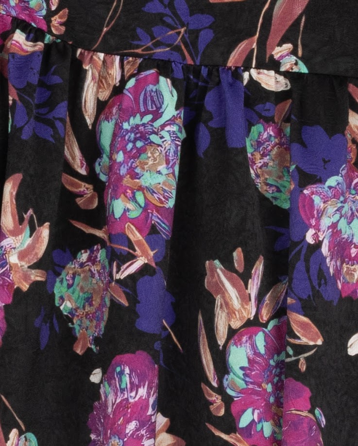 LILOU PURPLE FLORAL RUFFLE SHOULDER DRESS