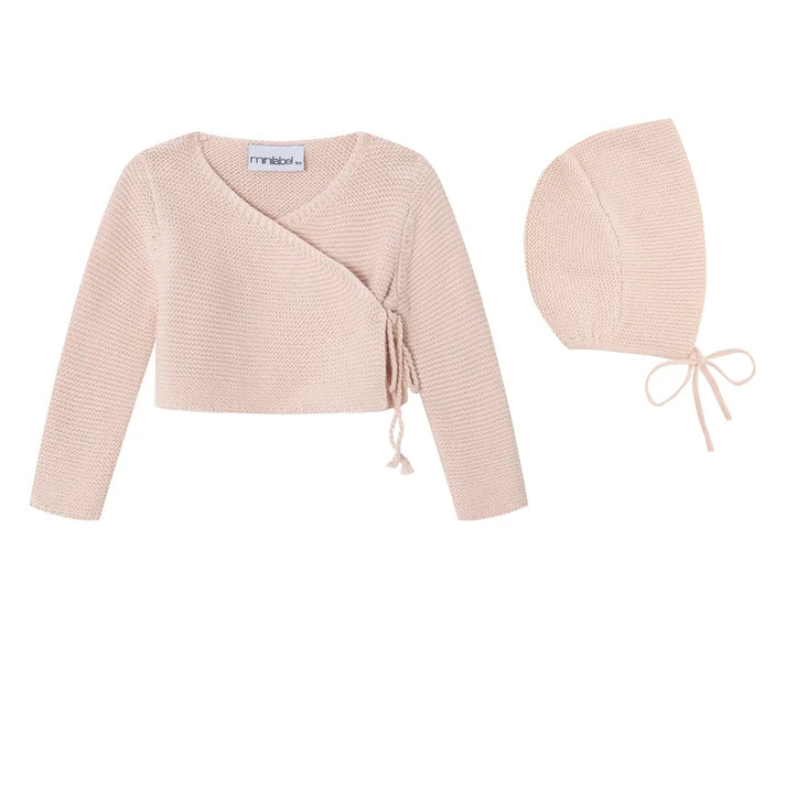 MINI LABEL PINK KNIT WRAP CARDIGAN + BONNET
